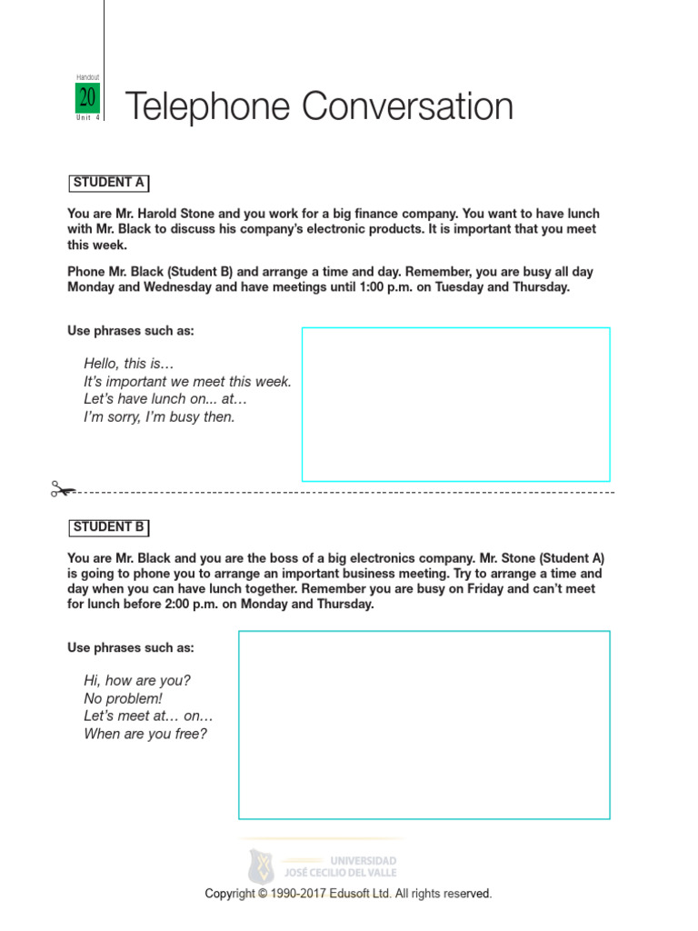 Tarea 08 Basic I Handout 20 Unit 4 On A Business Trip Telephone ...