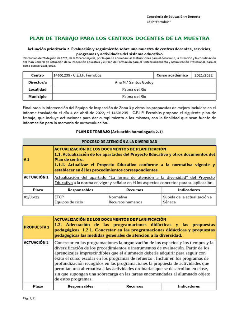 Plan de Trabajo para Los Centros Docentes de La Muestra | PDF ...