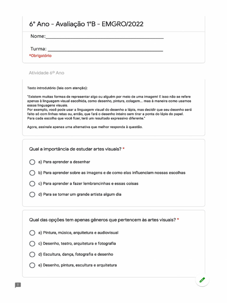 6° Ano - Avaliação 1°B - EMGRO - 2022 | PDF