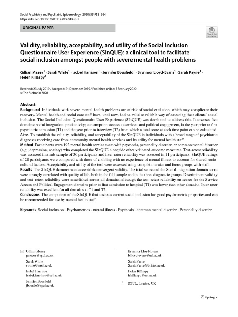 Validity of Social Inclusion Questionnaire | PDF | Mental Disorder ...