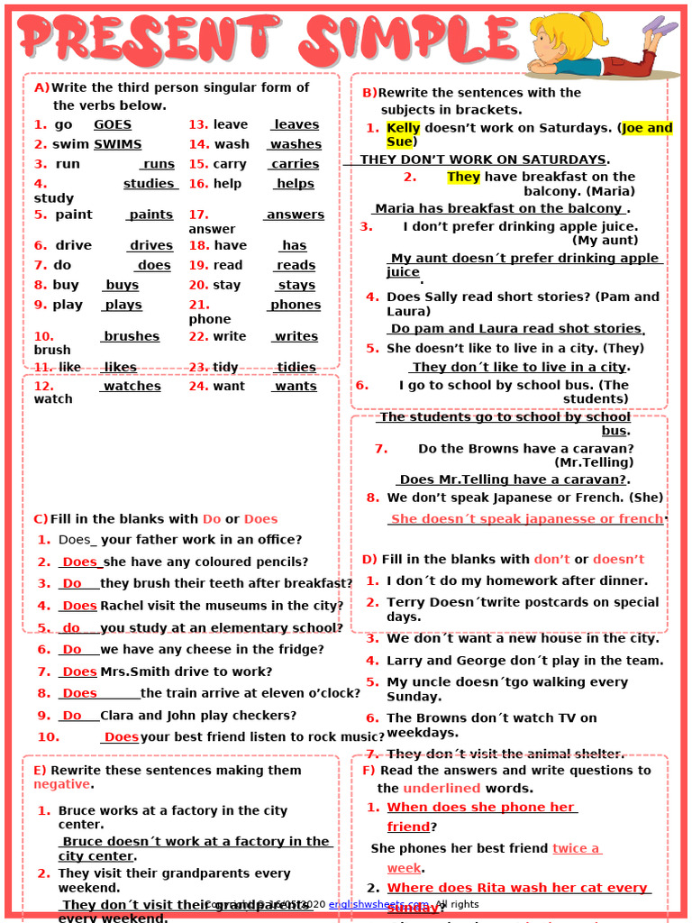 Present Simple Tense Esl Printable Grammar Test Worksheet | PDF ...