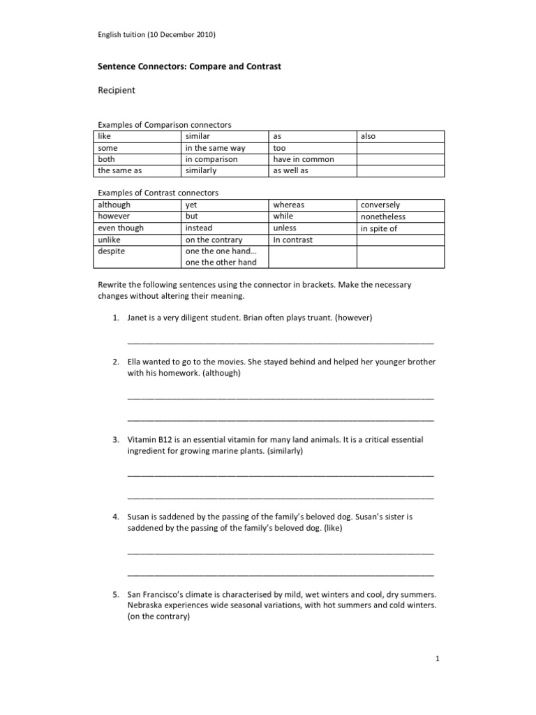 Sentence Connectors Exercise