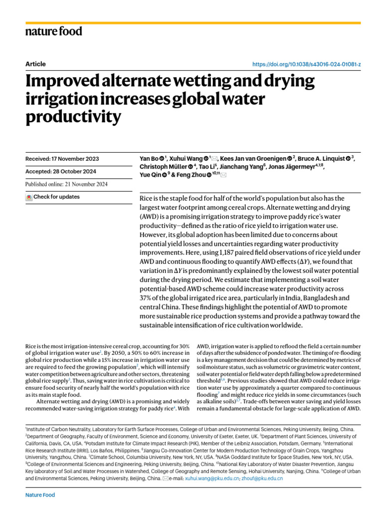 AWD Irrigation Boosts Rice Water Productivity | PDF | Rice | Earth Sciences