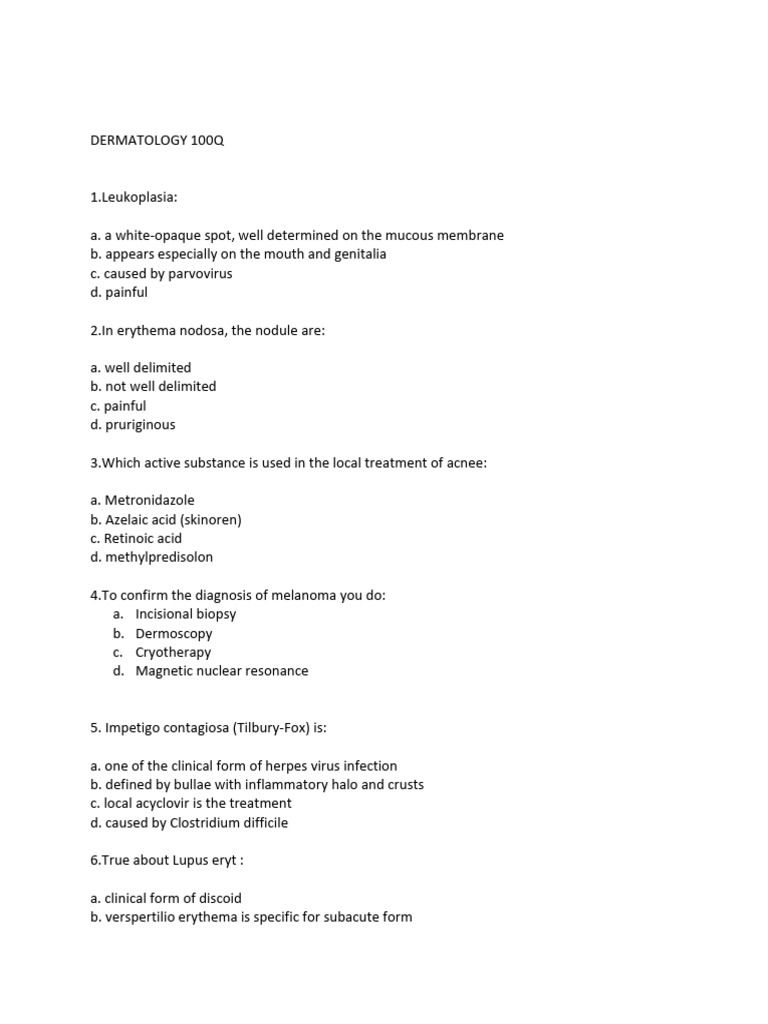 Dermatology Quiz: 100 Questions | PDF | Psoriasis | Infection