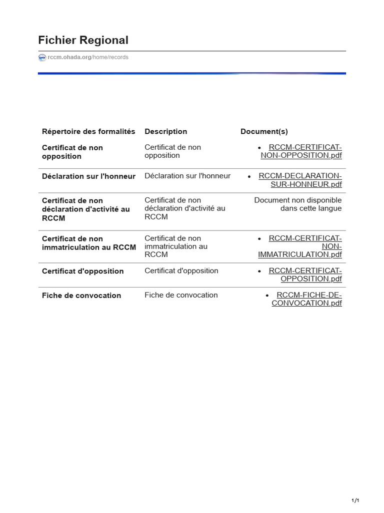 Formalités RCCM et certificats associés | PDF