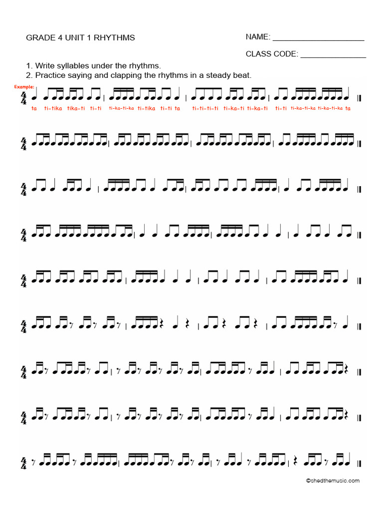 Grade 4 Unit 1 Rhythms WS | PDF