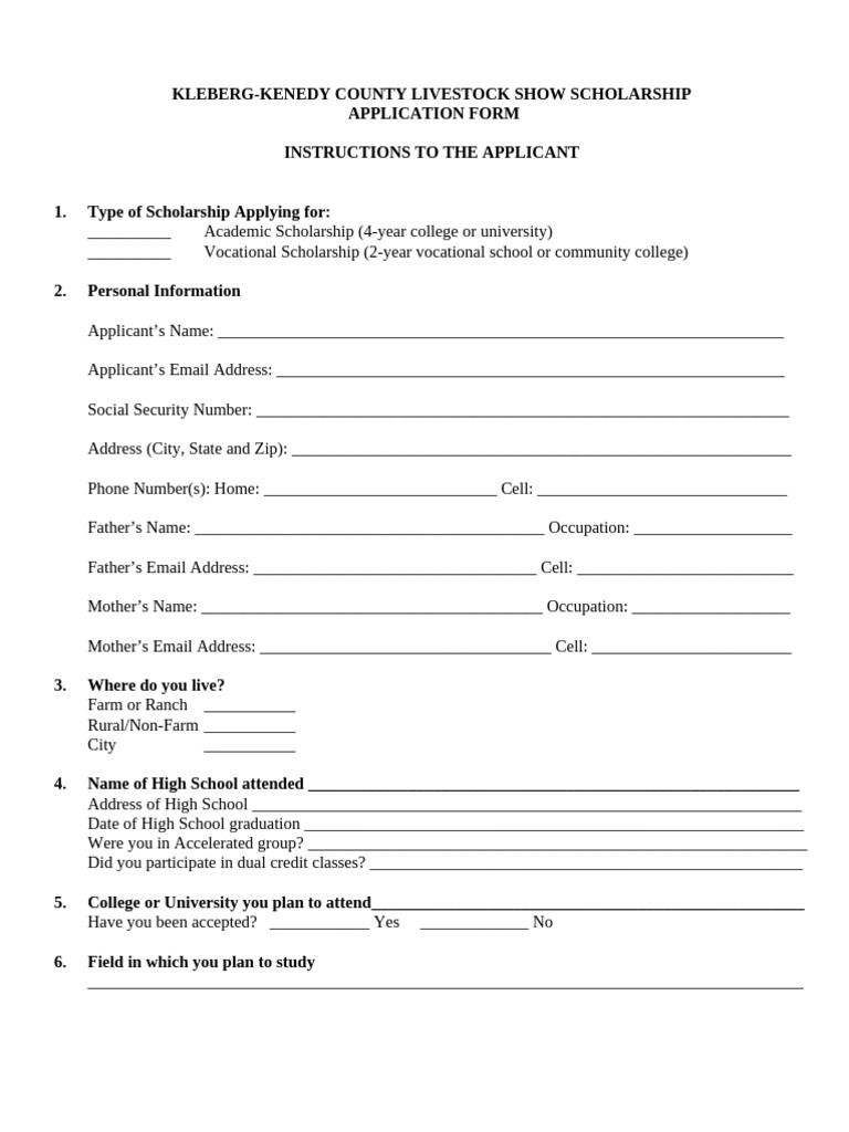 Kleberg-Kenedy Livestock Show Scholarship Application | PDF