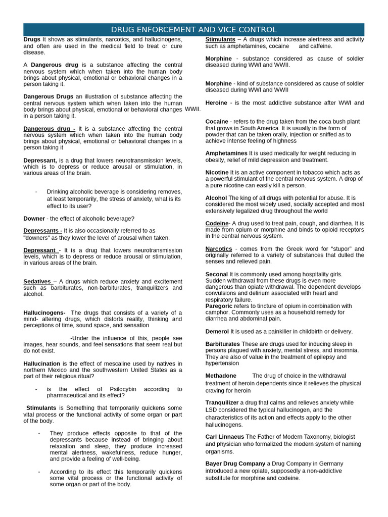 Reviewer Drug Enforcement and Vice Control 2 | PDF | Stimulant | Drugs