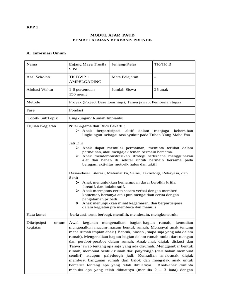 Modul Ajar Paud Rpp 1 | PDF