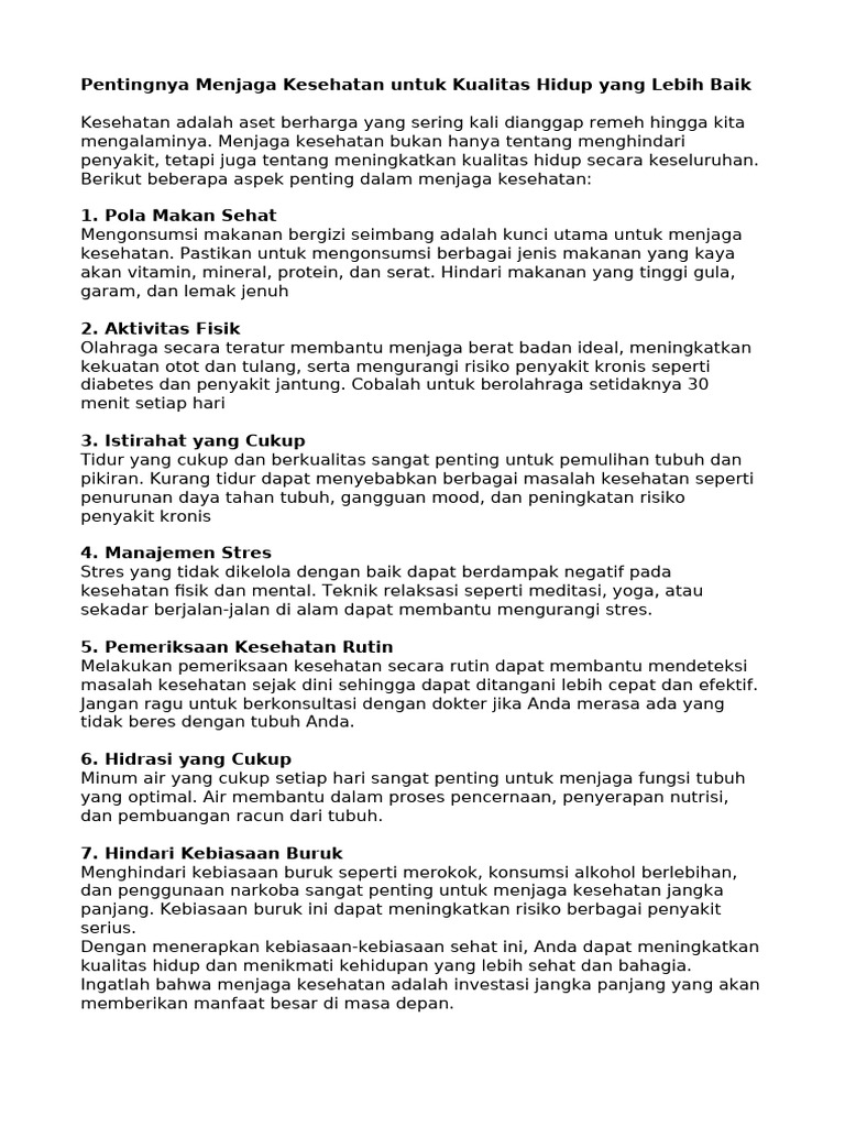 Pentingnya Menjaga Kesehatan Untuk Kualitas Hidup Yang Lebih Baik | PDF