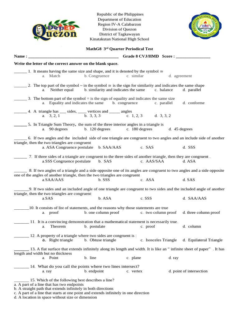 Grade 8 Math Periodical Test Guide | PDF | Triangle | Line (Geometry)