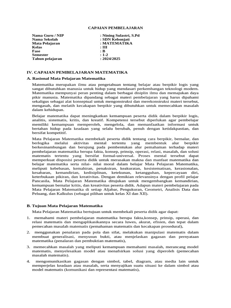 Capaian Pembelajaran Matematika Kelas 3 | PDF