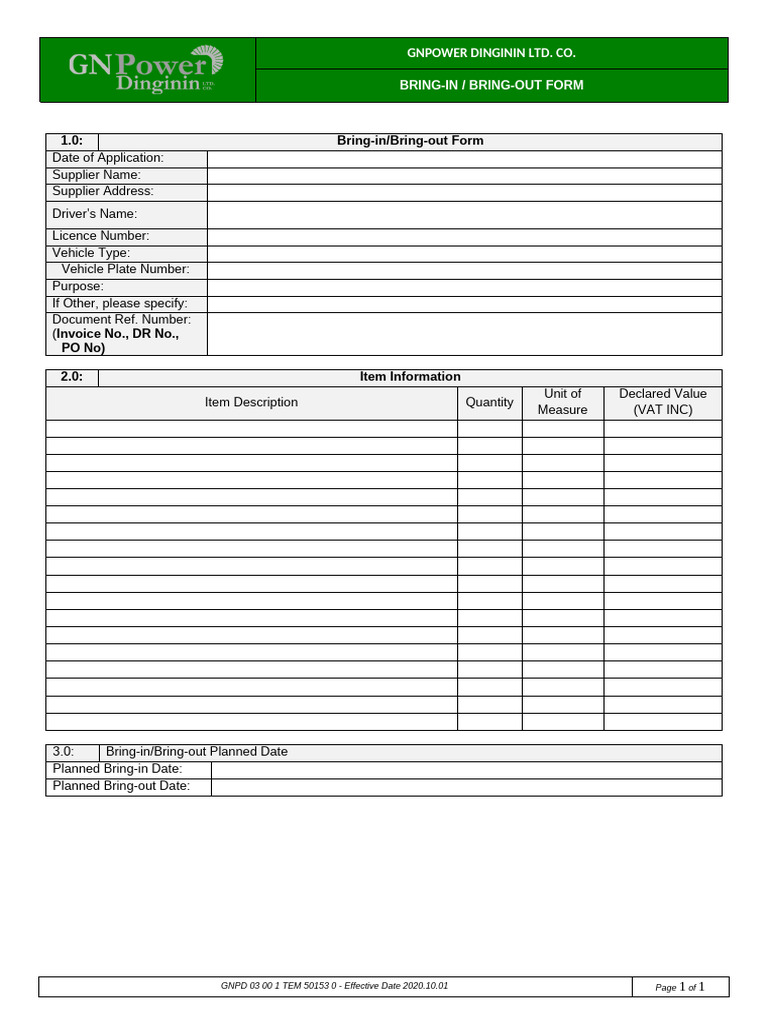 Bring-In/Bring-Out Form Overview | PDF