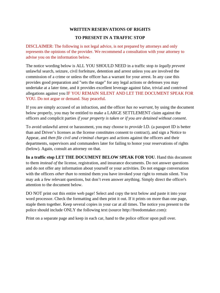 Traffic Stop Rights Notice Template | PDF | Arrest | Legal Remedy