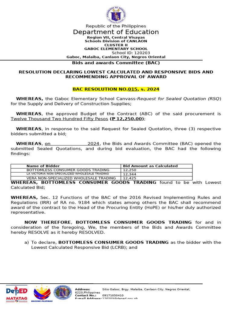 Gaboc Elementary School BAC Resolution 2024 | PDF