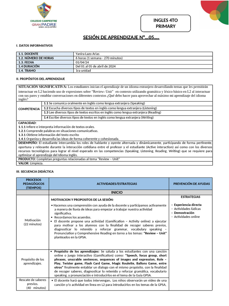 Aprendizaje de Inglés para 4to Primaria | PDF | Segundo lenguaje ...