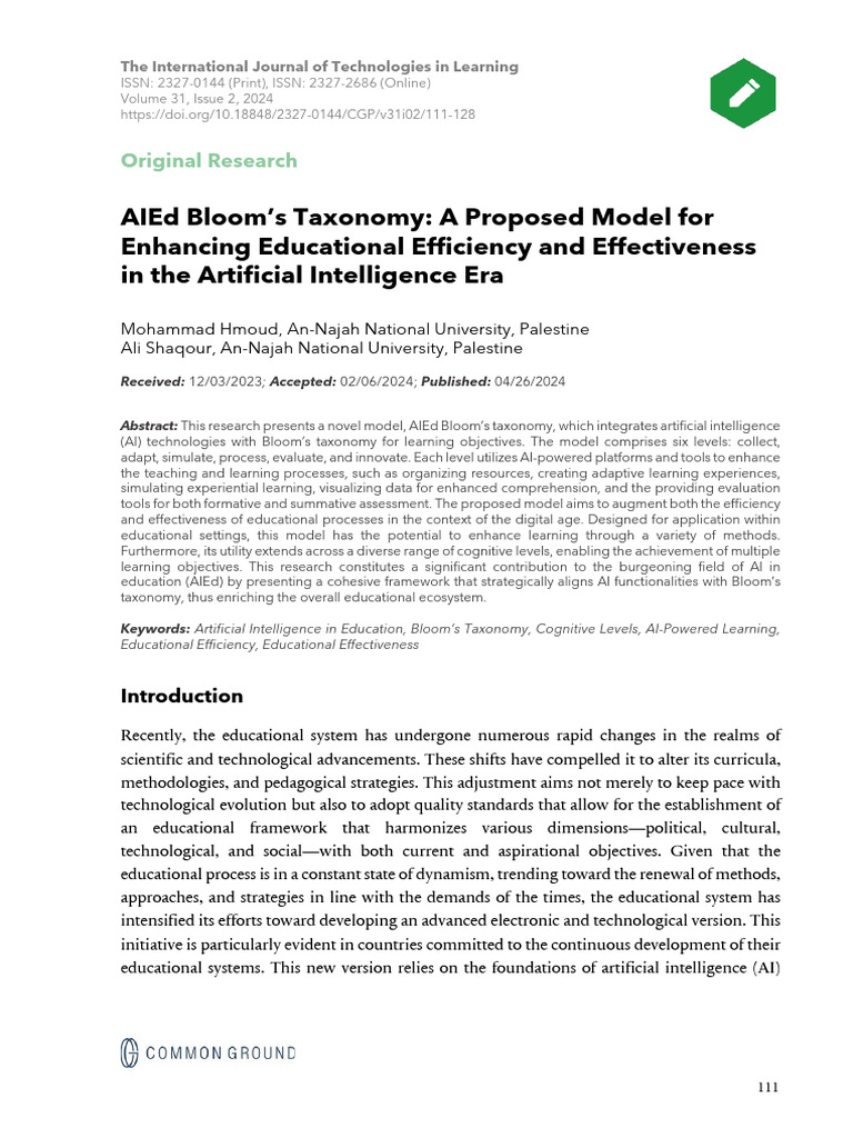 AIEd Bloom's Taxonomy Model for Education | PDF | Artificial ...