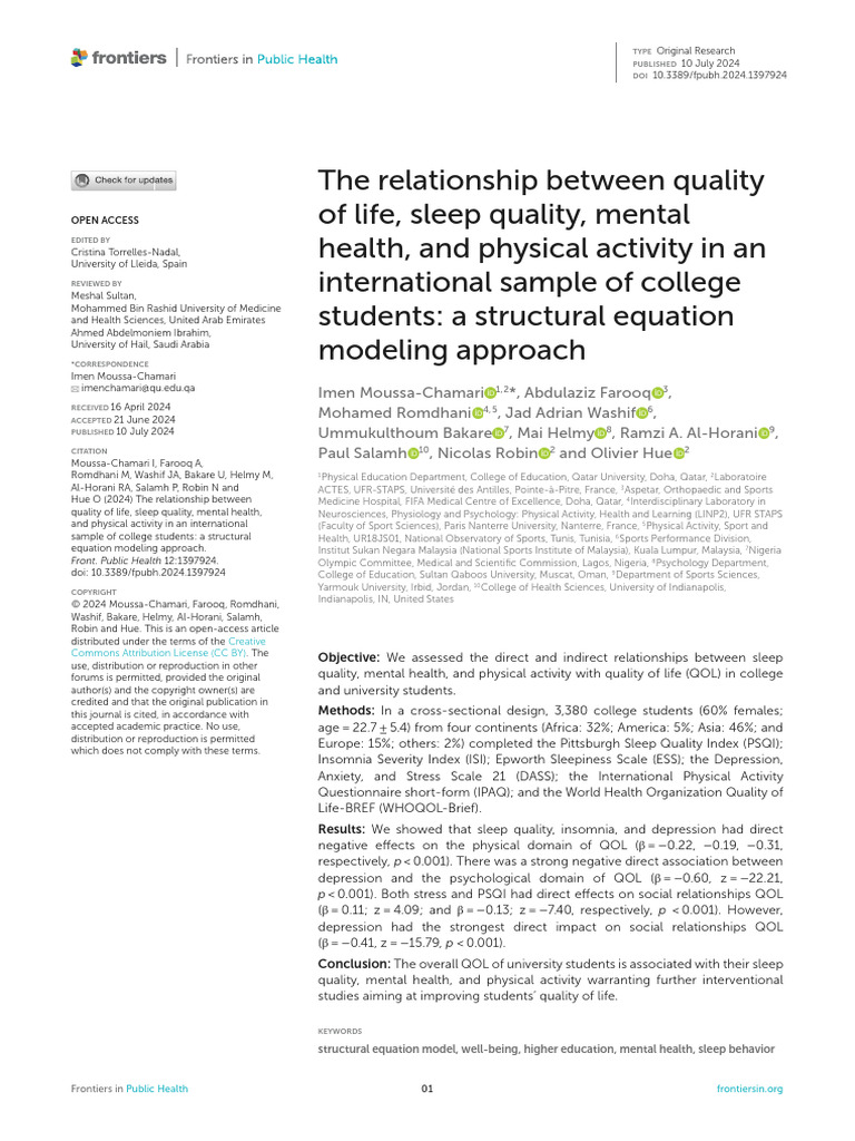 Quality of Life and Sleep in Students | PDF | Psychology