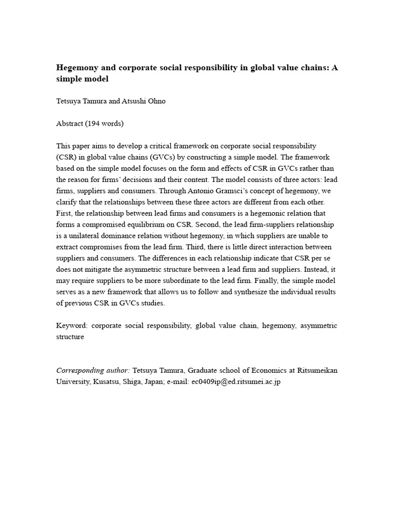 Hegemony in CSR and Global Value Chains | PDF | Corporate Social ...