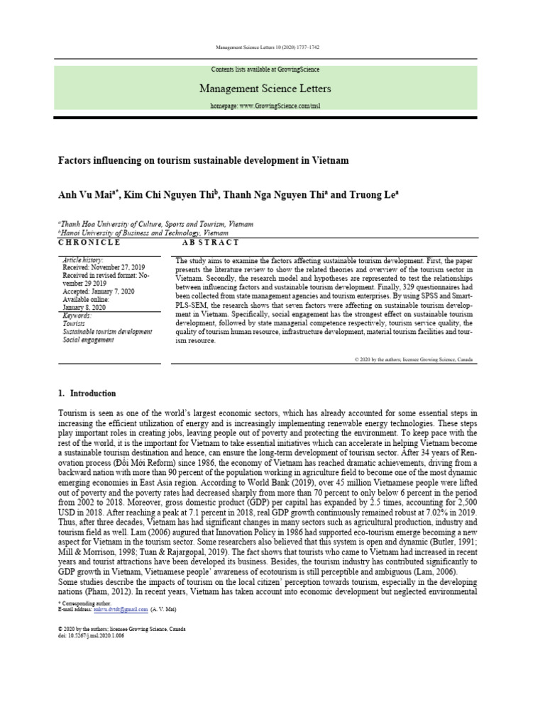 Factors Influencing On Tourism Sustainable Development in Vietnam | PDF ...