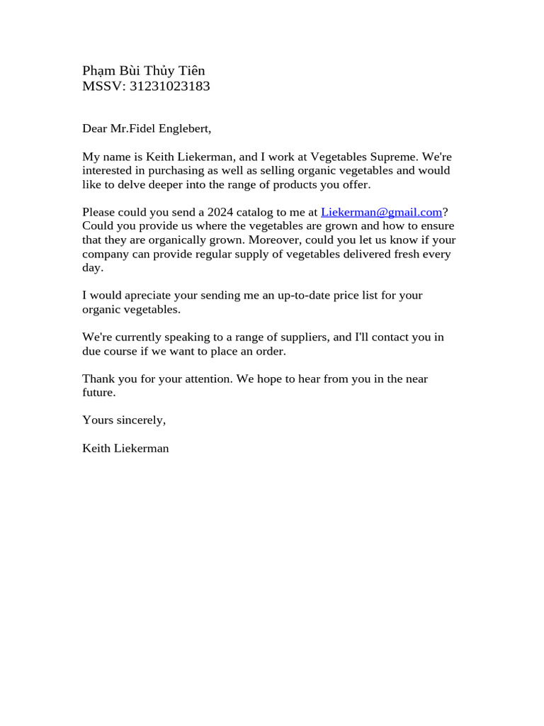 BTVN Write An Inquiry Asking For The Price List and Some Details About ...