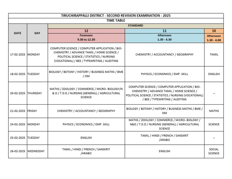 2025 12th Second Mid Term Time Table | PDF | Science