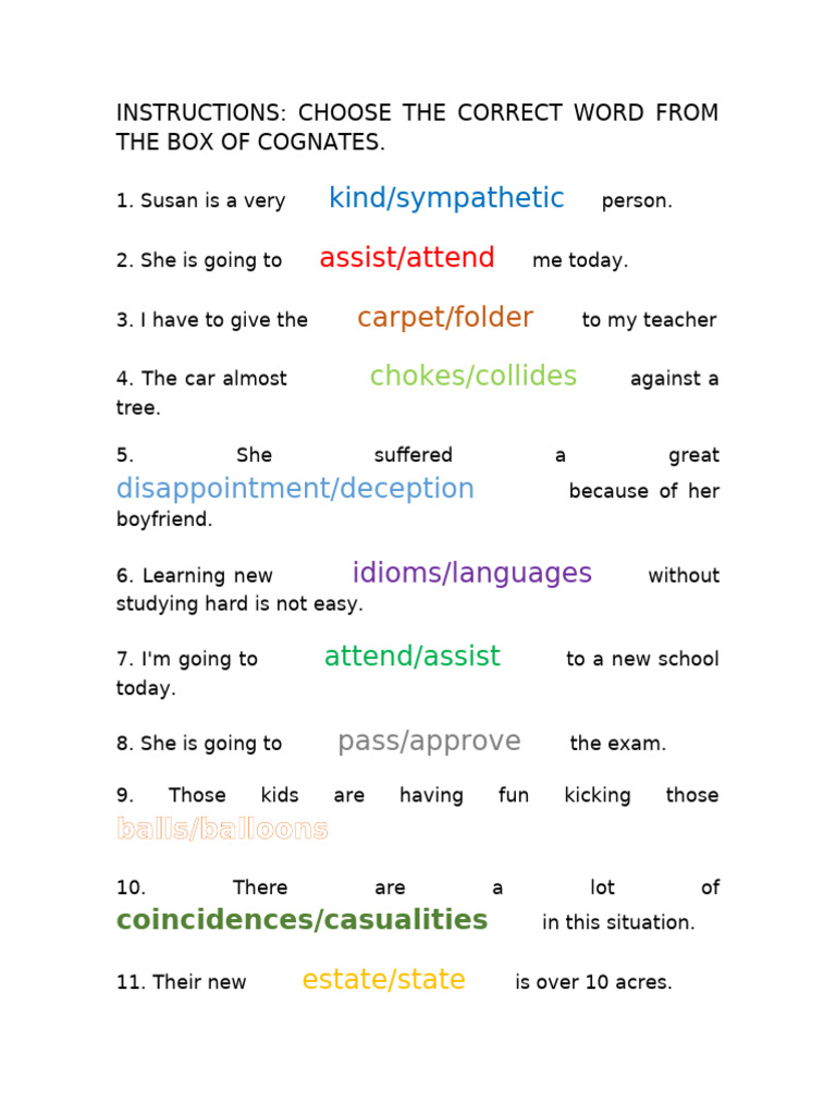Cognates Exercises for Language Learners | PDF