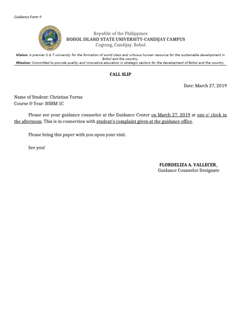 Guidance Call Slip for Student Meeting | PDF