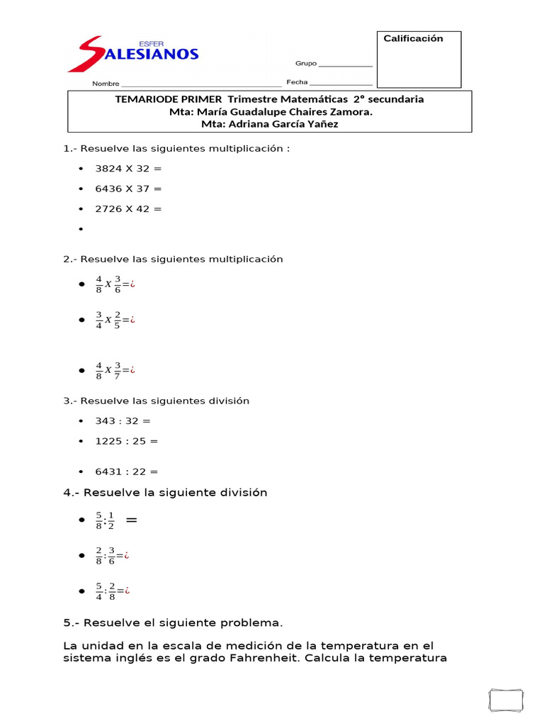 Ejercicios de Matemáticas 2º Secundaria | PDF | Fahrenheit | Geometría ...