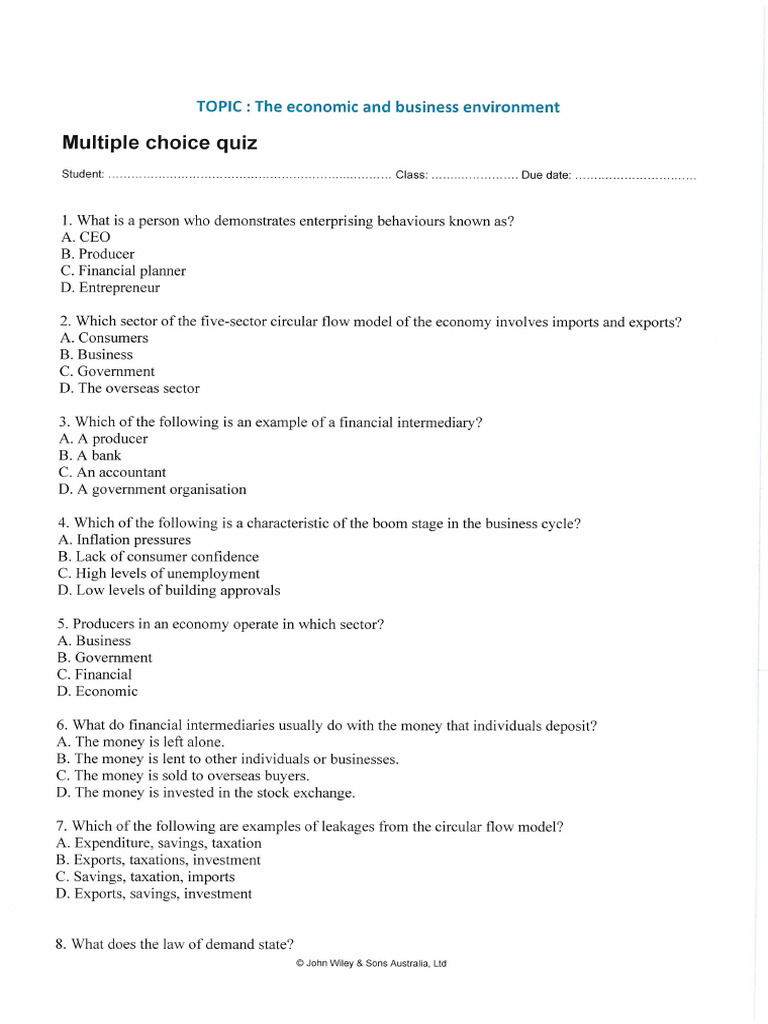 Economic and Business Quiz Questions | PDF | Unemployment | Investing