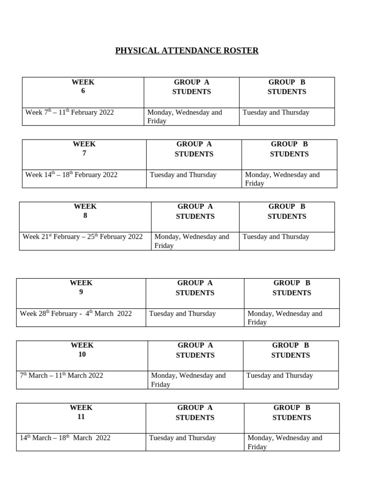 PHYSICAL ATTENDANCE ROSTER - Dates For Groups | PDF
