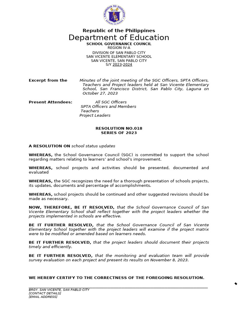 San Vicente Elementary School SGC Resolution | PDF | Government