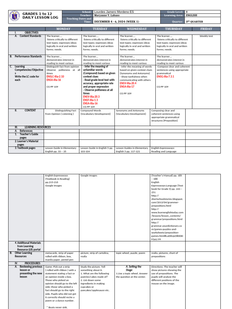 Grade 5 English Daily Lesson Plan | PDF | English Language | Learning