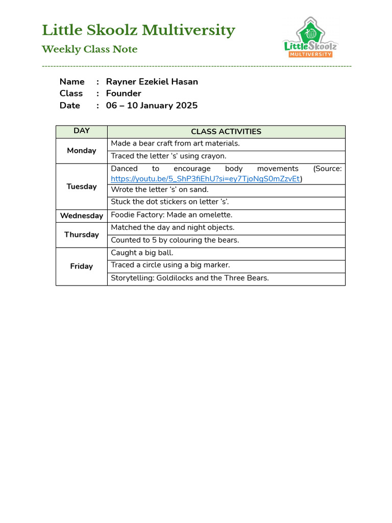 Weekly Class Note - Rayner W2 January | PDF