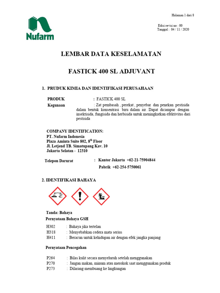 Lembar Data Keselamatan Fastick 400 SL | PDF