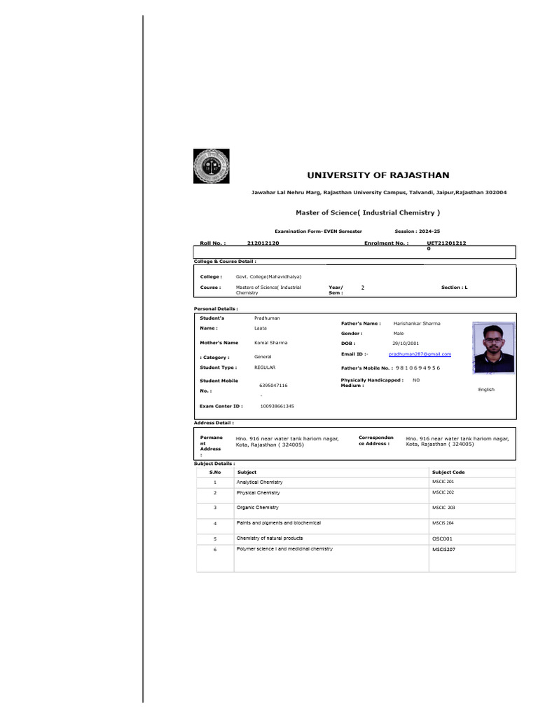 Uor Mscit Admit 2025 | PDF | Chemistry | Physical Sciences