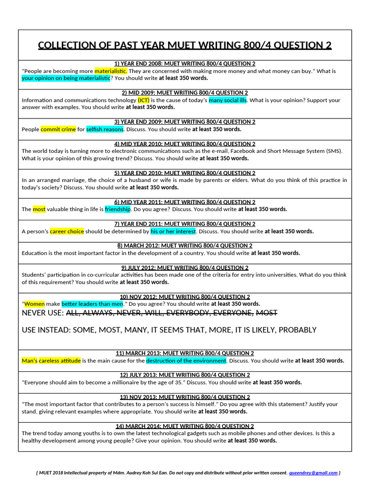 MUET Writing Past Year Questions Collection | PDF | Knowledge | Argument
