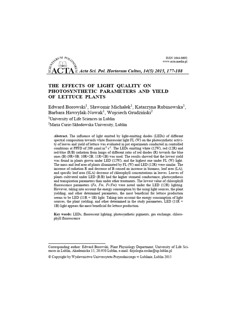 The Effects of Light Quality On Photosynthetic Parameters and Yield of ...