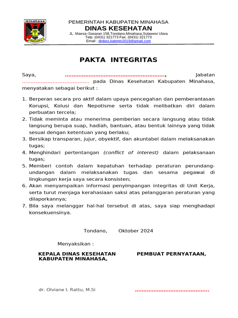 Contoh Pakta Integritas PNS Minahasa | PDF