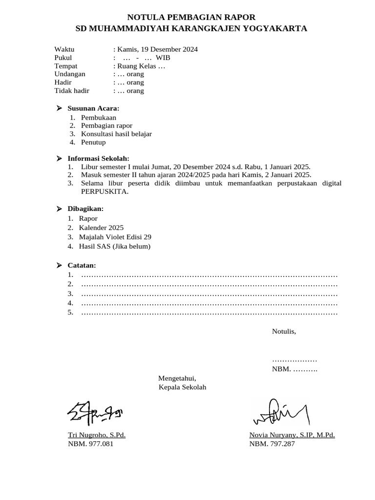 Notula Pembagian Rapor SD Muhammadiyah | PDF