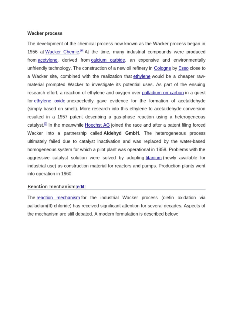 Wacker Process: Mechanism and Production | PDF | Chemistry | Organic ...