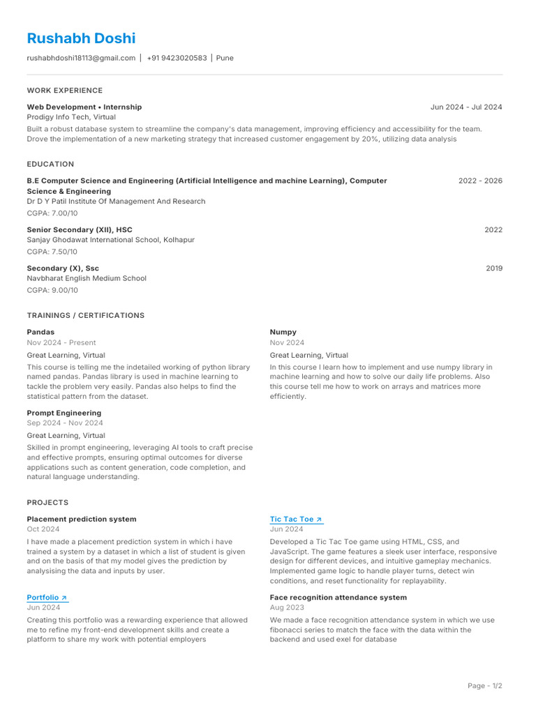 Web Developer Resume - Rushabh Doshi | PDF | Machine Learning ...