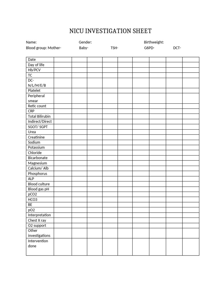 NICU Investigation Sheet in Hindi | PDF