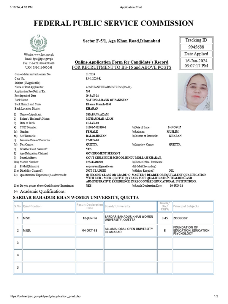 FPSC Application for Assistant Headmistress | PDF