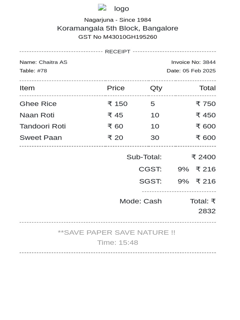 Bangalore Restaurant Bill Format 2025 | PDF