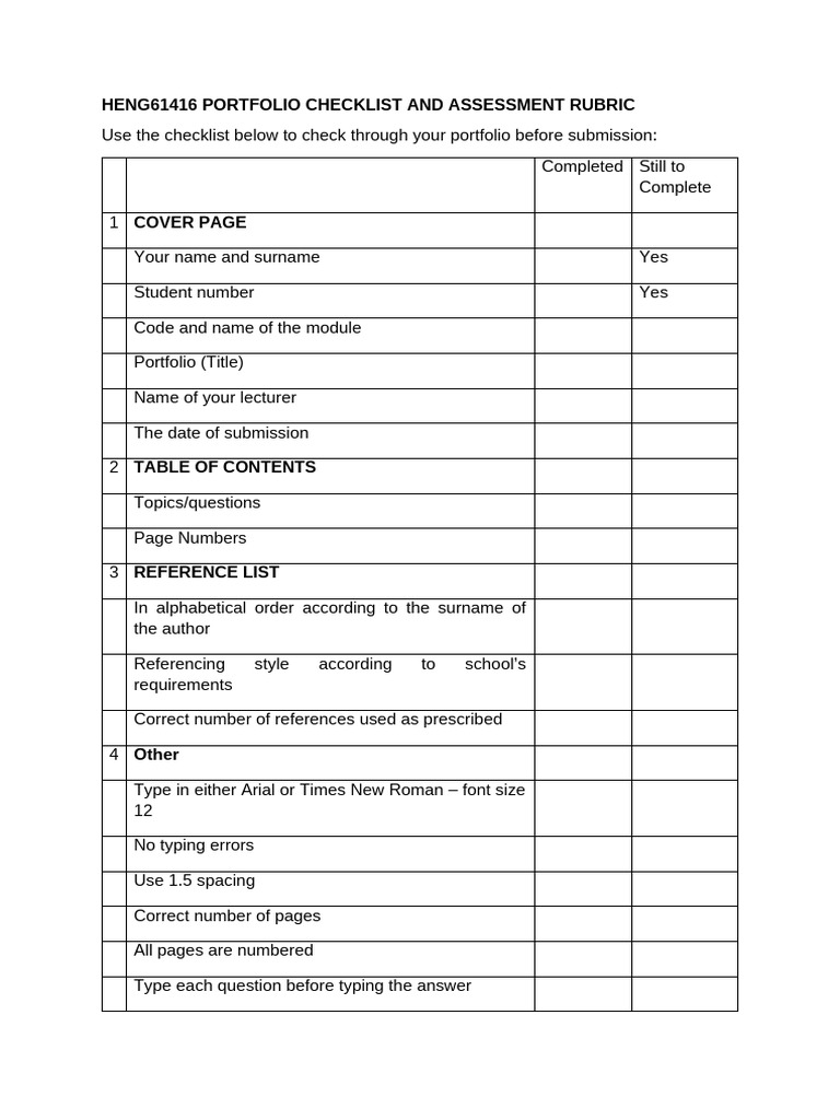 Portfolio Checklist and Rubric Guide | PDF