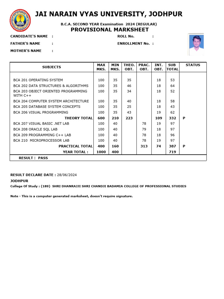 BCA 2nd Year Provisional Marksheet 2024 | PDF