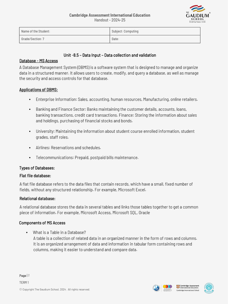 Unit8.5-Data Collection and Validation Handout | PDF | Databases ...