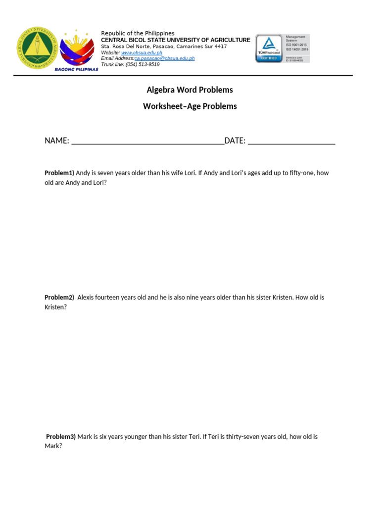 Algebra Word Problems Worksheets | PDF