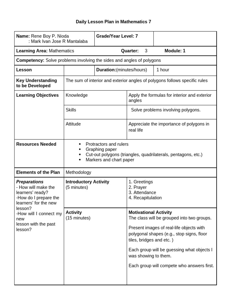Lesson Plan Sa AL Process Oriented | PDF | Polygon | Triangle